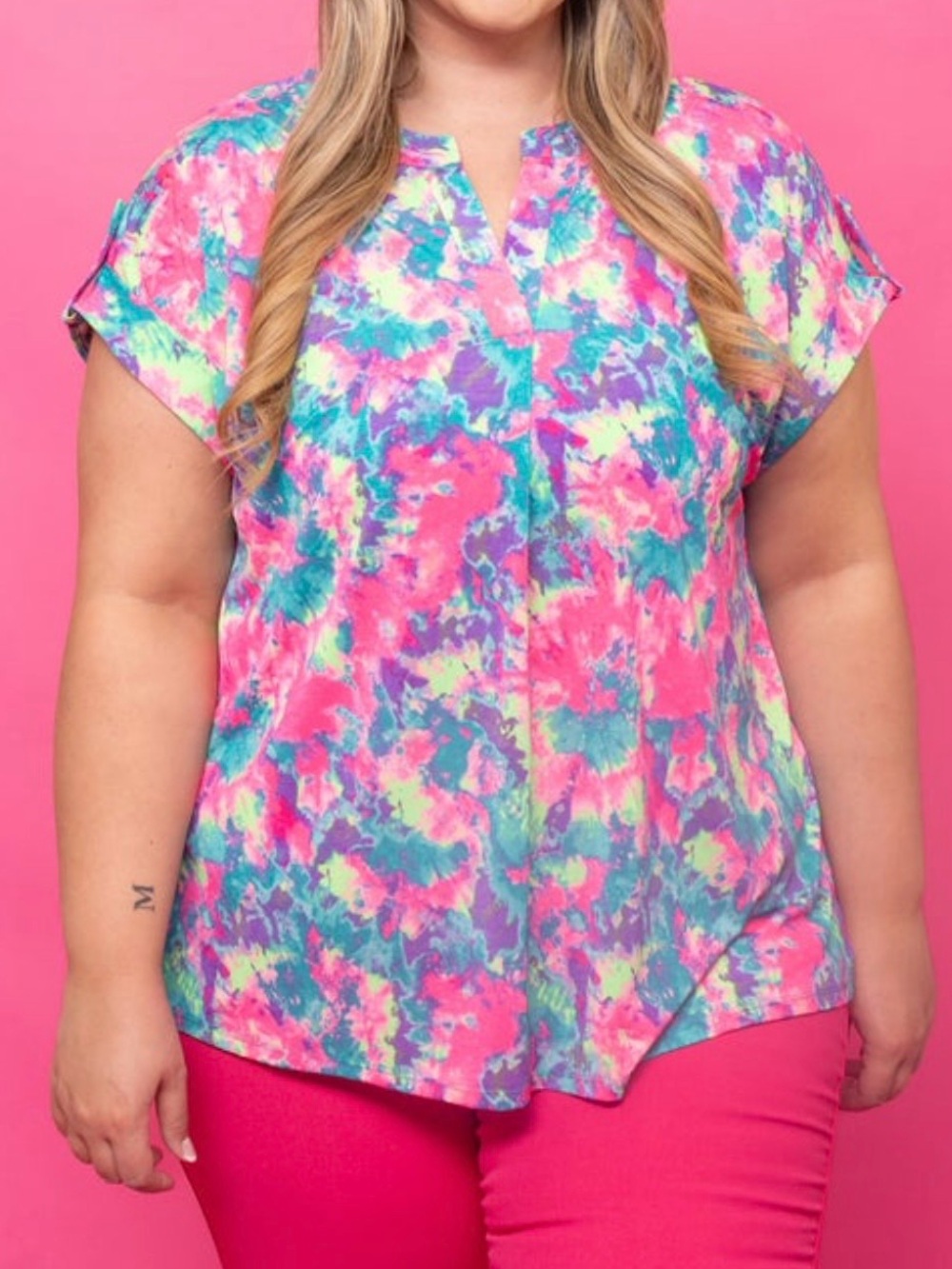 Dear Scarlett XL Neon Pink Teal Purple Abstract V-Neck Tunic, looks tie dye - Picture 4 of 4